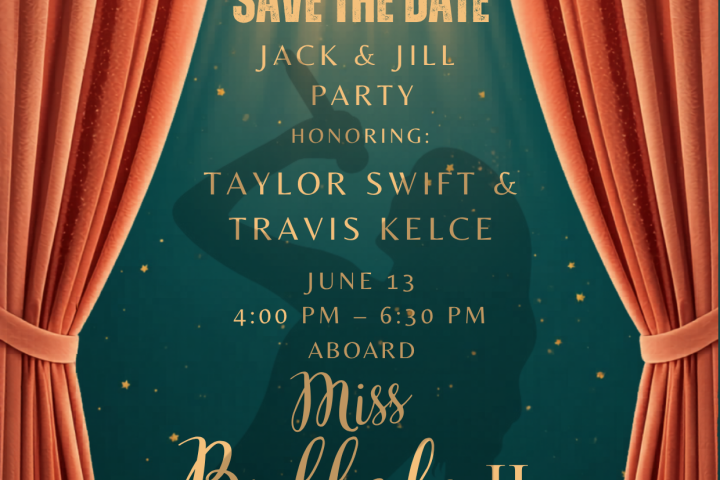 Save the date card with names and event details on a stage-like green backdrop with red curtains.